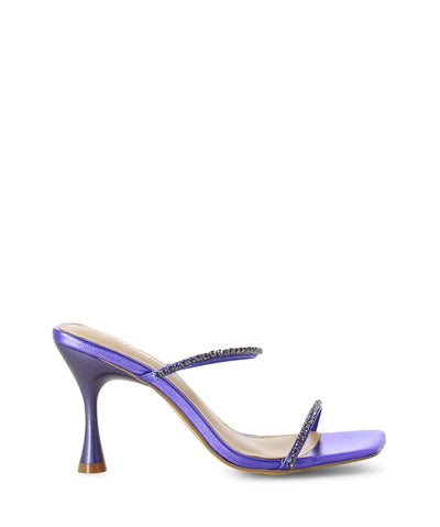 Purple metallic leather strappy heeled sandals by Siren. The 'Izzy' has two diamante lined straps, an hourglass heel and an open square toe.