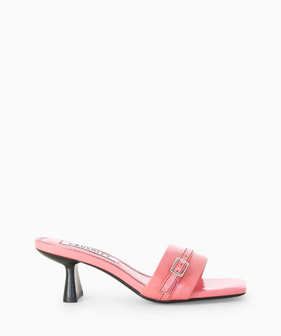 Pink leather mules with buckle detail over the strap, an hourglass kitten heel and a square toe.