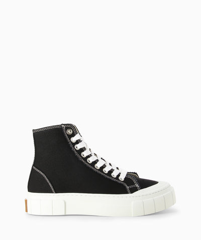 Black canvas high-top sneakers with a platform rubber sole, cushioned footbed and a round toe.