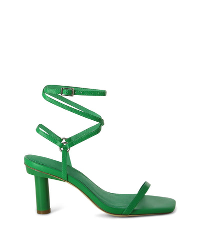 Bright green multi strap sandal with a mid-height cylindrical heel and square toe.