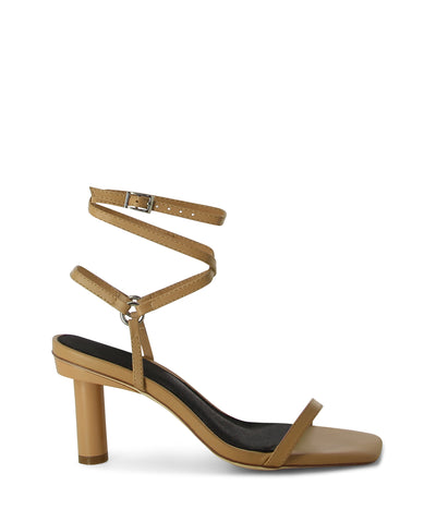 Tan leather multi strap sandal with a mid-height cylindrical heel and square toe.