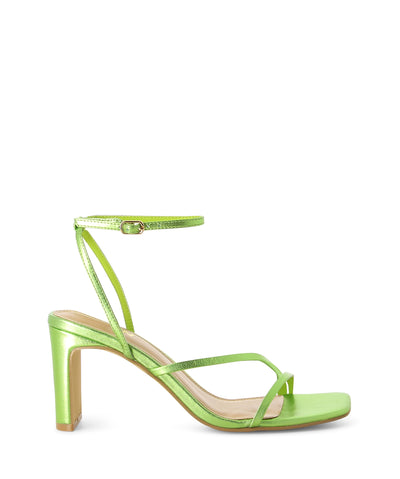 Green leather strappy heeled sandals featuring a lustrous metallic upper and an open square toe by Siren.
