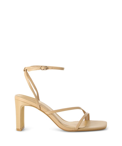 Nude leather strappy heeled sandals featuring a rectangular heel and an open square toe by Siren.