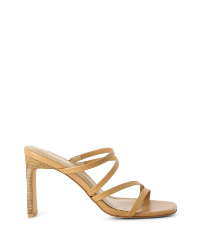 Caramel leather strappy heeled sandals upper with an open square toe by Siren.