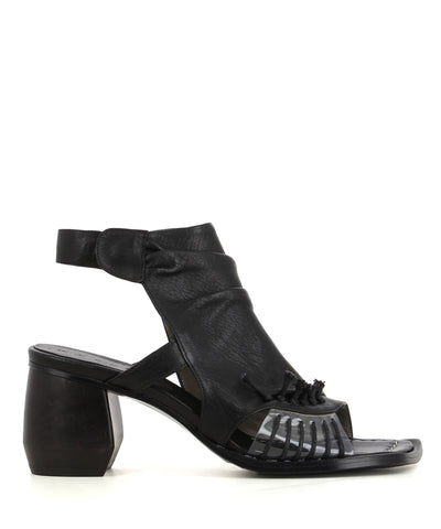 A black Italian leather sandal that has stud fastening and features a block heel and a square toe.