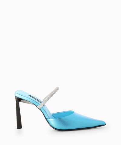 Aqua metallic leather heels with a rhinestone encrusted strap, triangular stiletto heel and a pointed toe.