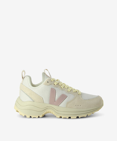 Ethically made beige sneakers with pink logo by Veja, featuring an Alveomesh recycled polyester upper, suede panelling, Amazonian rubber sole and a round toe.