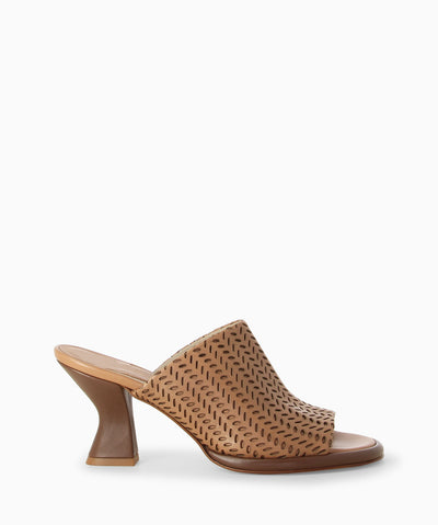 Brown leather mules with a perforated upper, hourglass heel and an open round toe.