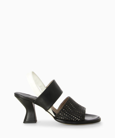 Black leather heeled sandals with elastic slingback strap, perforated upper, an hourglass heel and an open round toe.