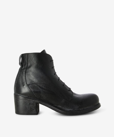 Black leather lace-up boots with a lace-up style and features inner zip fastening with a block heel and a round toe.