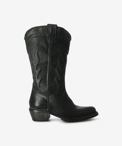 Black leather mid-calf Western with a pull-on style and features Western detailing, a curved topline, low block heel and a pointed toe.