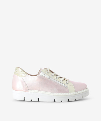 Lilac metallic leather sneakers by 'Josè Saenz'. It has a lace-up fastening and features cream leather paneling on its upper and an almond toe.