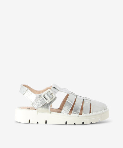 Silver and white fisherman style sandals by Jose Saenz. It features embossed croc upper, ankle pin buckle with velcro fastening with a medium platform and a round toe.