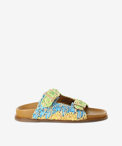 Green/Blue/Yellow sandals by Inuovo. It has a pin buckle strap fastening and features a weave upper, moulded footbed and a round toe.
