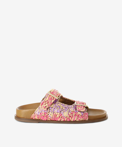 Pink/Purple sandals by Inuovo. It has a pin buckle strap fastening and features a weave upper, moulded footbed and a round toe.