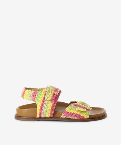 Cappucino multi woven sandals by Inuovo. It has an ankle and upper pin buckle strap fastening and features a moulded footbed and a round toe.
