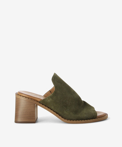 Khaki suede heeled sandals by S Sempre Di. It has a high vamp ruched upper and features padded sock, block heel and a round toe.