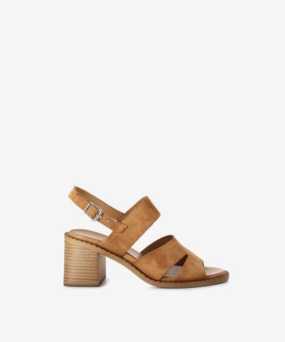 Suede tan heeled sandals by S Sempre Di. It has a buckle slingback strap with features a platform midsole, stacked block wooden heel, and a round toe.