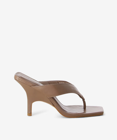 Mocha leather heels by Sempre Di. It is a slip-on style and features inner padded thong straps, stiletto heel and a square toe.