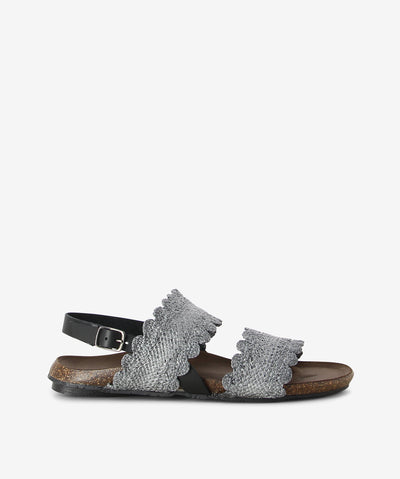 Grey wide straps sandals by Sempre Di. It is a slip-on style with woven raffia upper with slingback, a cork finish footbed and a round toe.