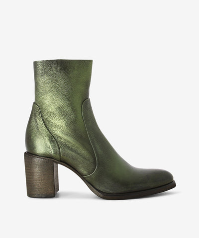 Metallic green Italian leather ankle boots by Strategia. It has an inner zip fastening and features a paneled upper, stacked block heel, and a soft pointed toe. 