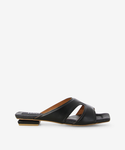 Black leather flat by Neo. It features a two-piece cut out and contour upper, canvas feel on toe and two tones low block heel with a square toe.