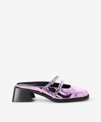 Metallic pink leather mule by Justine Clenquet. Is a slip-on style features two adjusted pin-buckle thin straps with a medium heel and a round toe.