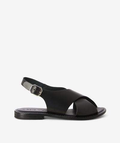 Black leather sandals with a slingback buckle fastening and features a crossover upper, low stacked heel and a round toe.