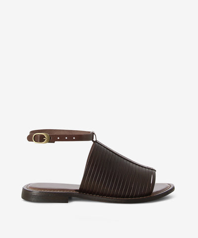 Brown leather sandals with an ankle strap fastening and featuring a multi-strap upper, low stacked heel and a round toe.