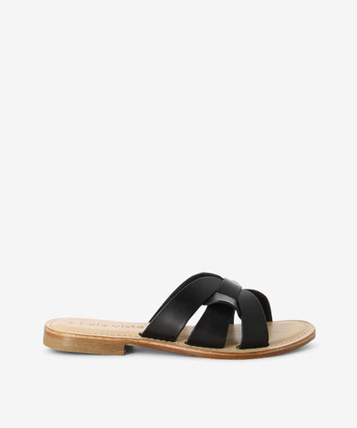 Black leather slides with a slip-on style and features an interwoven upper, low stacked heel and a round toe.