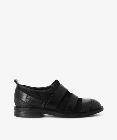 Black leather slip-on shoe by A.S.9.8 by Sempre Di. It has an elasticated tongue for ease of access and features leather straps, a perforated nubuck upper for breathability and a rounded toe.