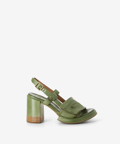 Green leather heeled sandals by Sempre Di by A.S.9.8. It has a slingback strap with buckles and features a platform midsole, partially stacked wooden heel and a round toe.