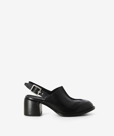 Black leather heeled sandals by Sempre Di by A.S.9.8. It has a slingback strap with a high coverage enclosed upped and features a split toe exposed stitch, a block heel, and a round toe.