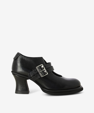 Black leather heels by Sempre Di by A.S.9.8. It features a double strap closure with a combined buckle, tapered heel, and a round toe.