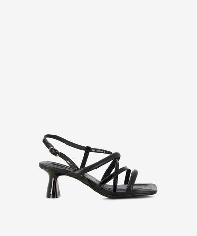 Black leather strappy heels by 2 Baia Vista. It features a mixed upper of soft padded straps and patent straps with an adjustable pin-buckle fixture, contoured component block heel, and a square toe.