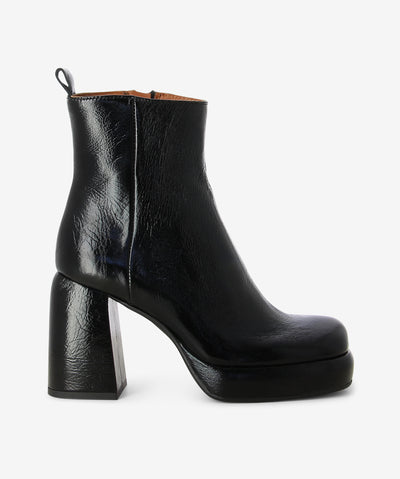 Black crinkled leather ankle boots with an inner zip fastening and features a pull tab, platform sole, chunky block high heel and a square toe.