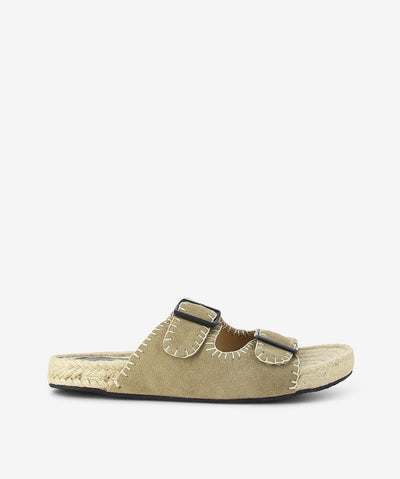 Sand suede espadrille sandals by 2 Baia Vista. It is a slip-on style and features a blanket stitched edge upper, espadrille sole, and a round toe.