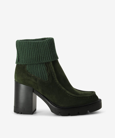 Forest Green folded knit suede Chelsea boots with a pull-on style and features knitted elastic gussets with a block heel, rubber sole and a round toe.