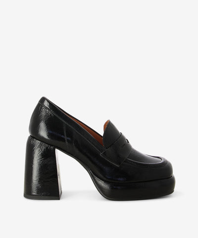 Black leather loafers with a slip-on style and features a crinkled leather with a high block heel, platform sole and a square toe.
