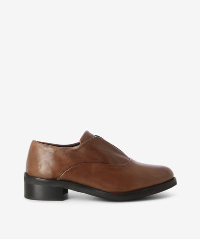 Brown leather lace-up shoes with a slip-on style and features a mid-layered heel and an almond toe.
