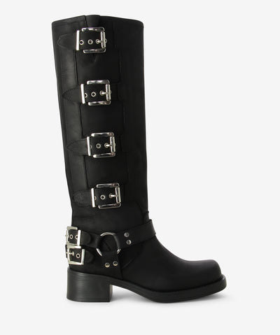Black leather knee high boots with a multiple buckle fastening and features a layered heel and a soft square toe.