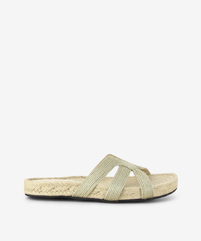 Platinum metallic espadrille sandals by 2 Baia Vista. It is a slip-on style and features a metallic woven upper, espadrille sole, and a round toe.