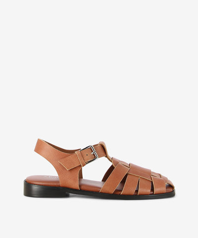 Tan leather fisherman style sandals by 2 Baia Vista. It features a soft interwoven upper with an adjustable pin-buckle fixture, padded footbed, and a soft square toe.