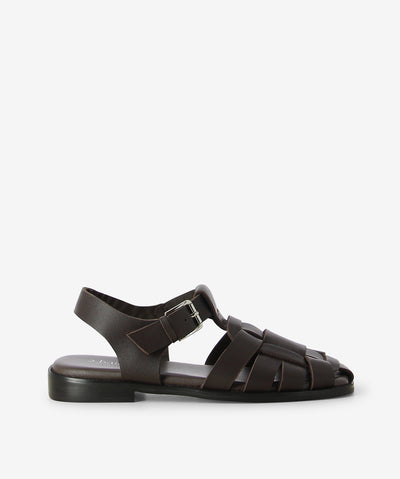 Tmoro full grained calf leather fisherman style sandals by 2 Baia Vista. The 'Beta' features a soft interwoven upper with an adjustable pin-buckle fixture, full calf leather padded footbed, and a soft square toe.