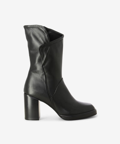 Black leather mid-calf boots with an inner zipper fastening and features an angle shaft upper with a block heel and a soft square toe.