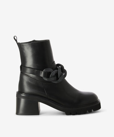 Black leather ankle boots with an inner zip fastening and features a pull-tab, chained-link with a chunky block heel and a soft square toe.