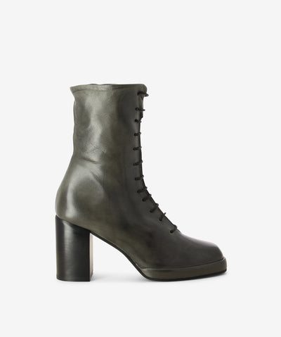 Grey leather lace-up boots with a lace-up style and features a block heel and a soft square toe.
