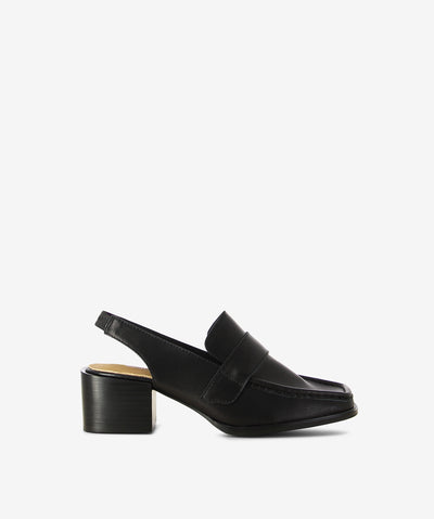 Black leather slingback heeled loafers by 2 Baia Vista. It features an elasticated slingback strap, mid block heel, and a square toe.