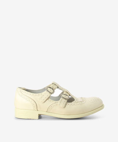 White leather mary-jane loafer by Officine Creative. It has 2 adjustable pin-buckle straps, an embellished perforated finish, and a natural rubber sole. 