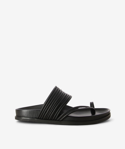 Black leather sandals by EOS. It has a leather post with straps and features a multi-strap leather upper, an ergonomic footbed, and a tapered rounded toe.
